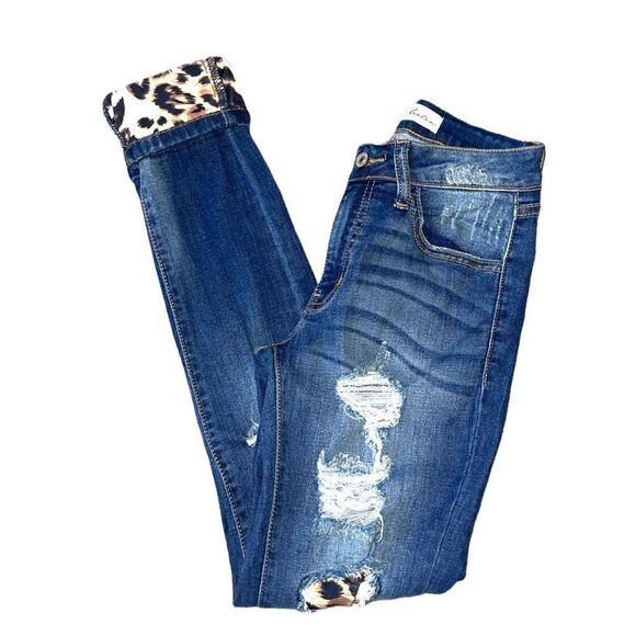 Kancan Womens Vienna Mid Rise Leopard Patch Super Skinny Jeans - Picture 6 of 15